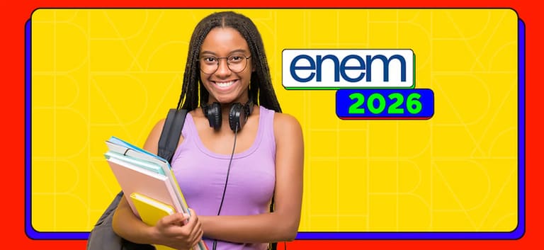 Estudante com livros em arte do Enem 2026 sobre prazo de inscrição para isentos da taxa.