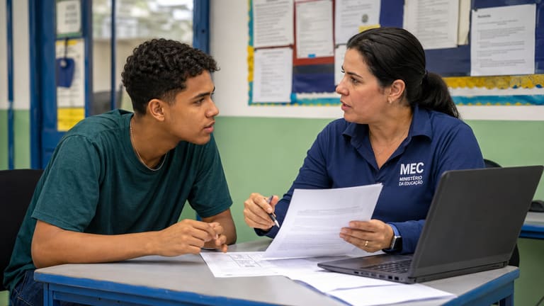 Estudante recebe orientação sobre inscrições do Sisu+ 2026 em ambiente escolar, com papéis e notebook sobre a mesa.