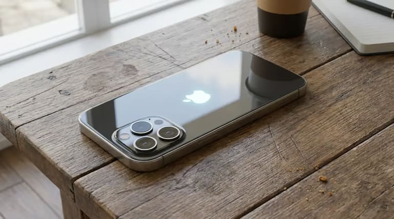 iPhone sobre mesa de madeira, ilustrando modelos compatíveis com o iOS 27.