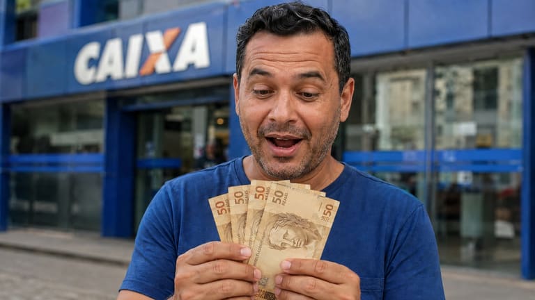 Brasileiro segurando notas de real em frente a uma agência da Caixa, representando a liberação de saque de R$ 6.220.