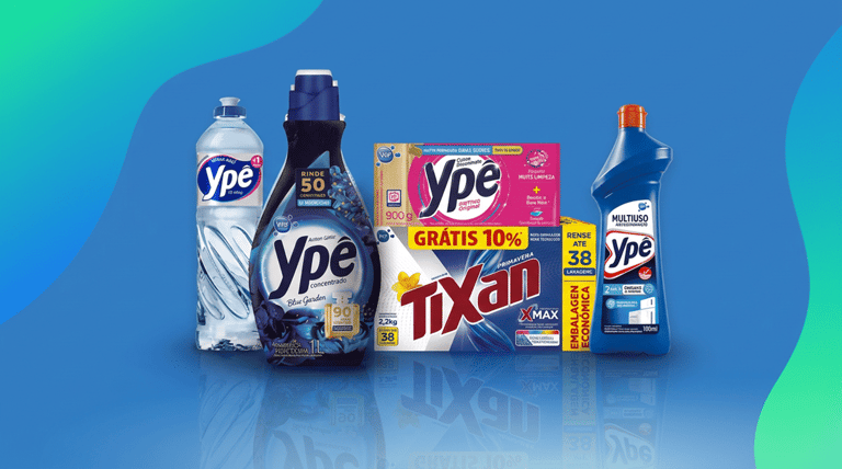Linha de produtos de limpeza Ypê com detergente, amaciante, sabão Tixan e multiuso