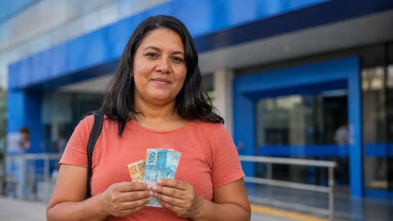 Mulher segura cédulas de real em frente a uma agência bancária azul, representando a nova liberação do saque-aniversário do FGTS.