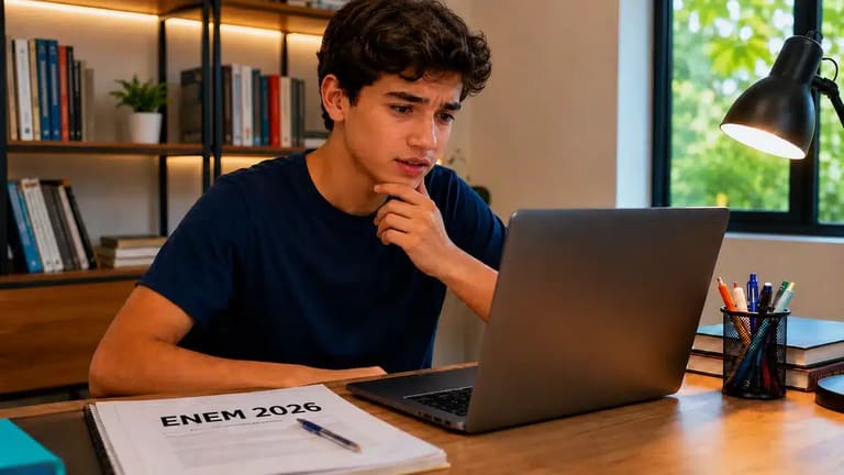 Estudante consultando no notebook os novos prazos do cronograma do Enem 2026