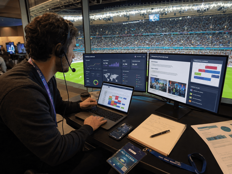 Profissional de marketing esportivo trabalha em telas de campanha durante jogo de futebol.