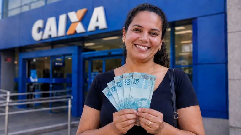 Mulher sorrindo segurando notas de R$ 100 em frente a uma agência da Caixa, representando o anúncio do pagamento de R$ 1.050.