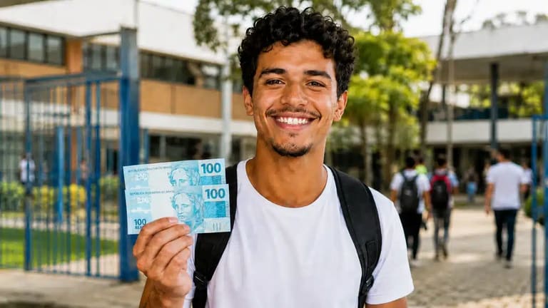 Estudante com mochila sorri segurando cédulas de real em frente a uma escola, representando o pagamento do Pé-de-Meia em junho.