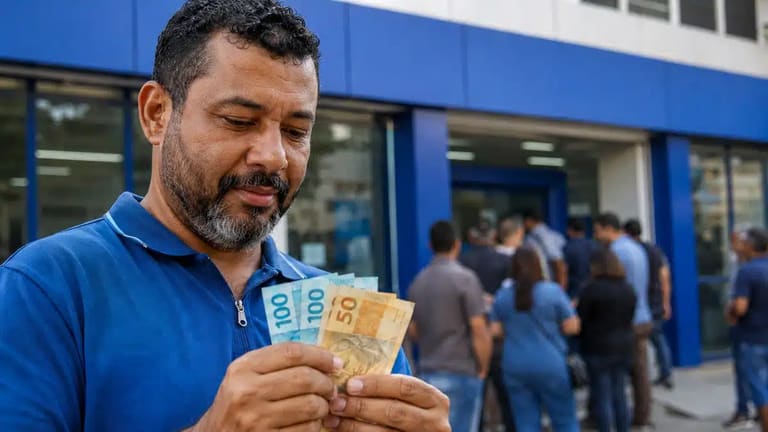 Trabalhador segura notas de R$ 50 e R$ 100 em frente a uma agência bancária, representando o pagamento de até R$ 3.746 do PIS/Pasep em junho.