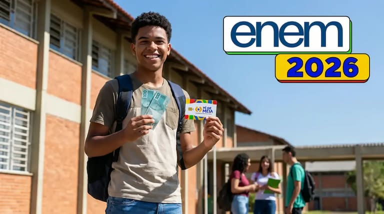 Estudante em frente à escola segurando dinheiro e cartão do Pé-de-Meia, com destaque para o Enem 2026.