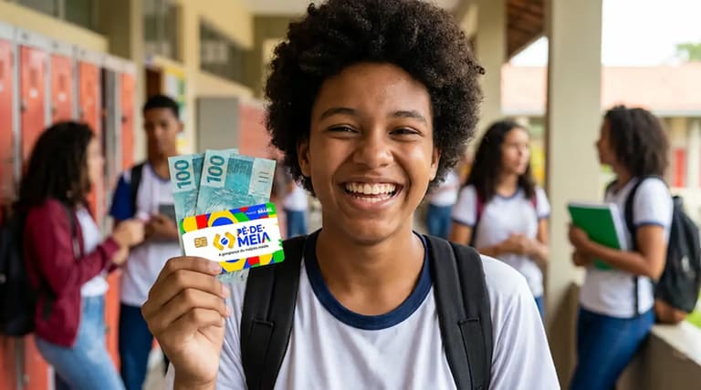 Aluno sorridente segura cartão do Pé-de-Meia e notas de dinheiro em corredor escolar.