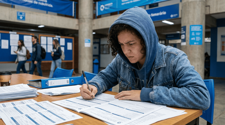 Jovem concentrado preenche formulários sobre uma mesa em um saguão de instituição de ensino