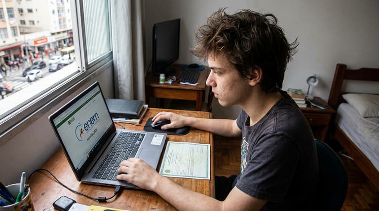 Jovem branco com camiseta escura usa notebook exibindo ENEM, sentado à mesa próximo à janela.
