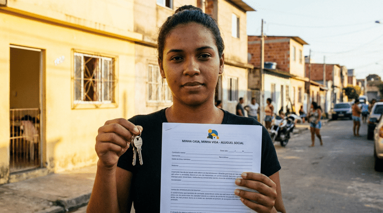 Mulher segura chaves e um contrato do Minha Casa, Minha Vida - Aluguel Social em frente a casas de uma rua
