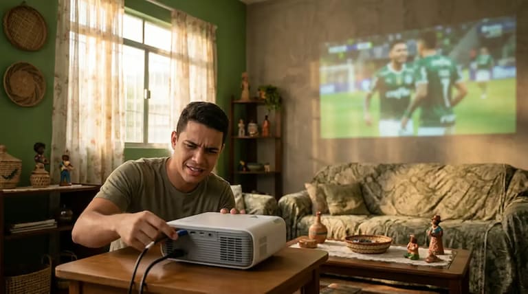 Homem ajusta projetor em sala de estar para assistir a jogo de futebol da Copa do Mundo em tela grande.