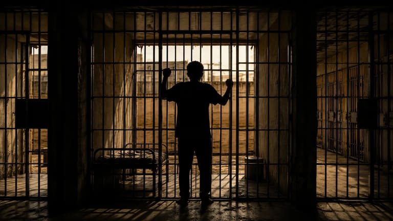 Silhueta de homem atrás das grades em cela, simbolizando a aprovação da redução da maioridade penal pela Comissão da Câmara.