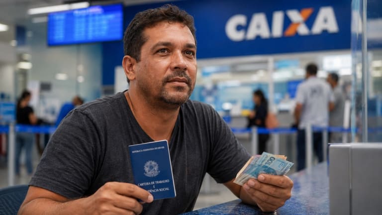 Trabalhador brasileiro segura carteira de trabalho e dinheiro em agência da Caixa, representando o ressarcimento do PIS/Pasep