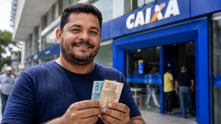 Homem sorridente segurando cédulas de real em frente a uma agência da Caixa, representando o saque de R$ 6.220.