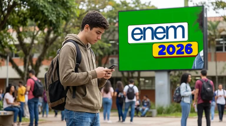 Estudante consulta celular em frente a painel do Enem 2026, com destaque para a taxa de inscrição de R$ 85 e formas de pagamento.