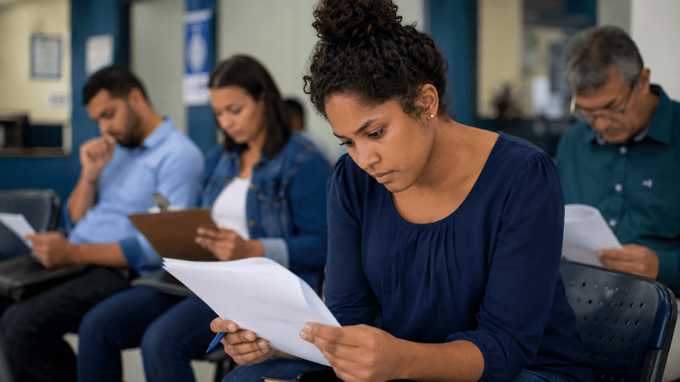 Quatro pessoas sentadas analisando papéis em sala de espera com ambiente azul e bancos enfileirados.