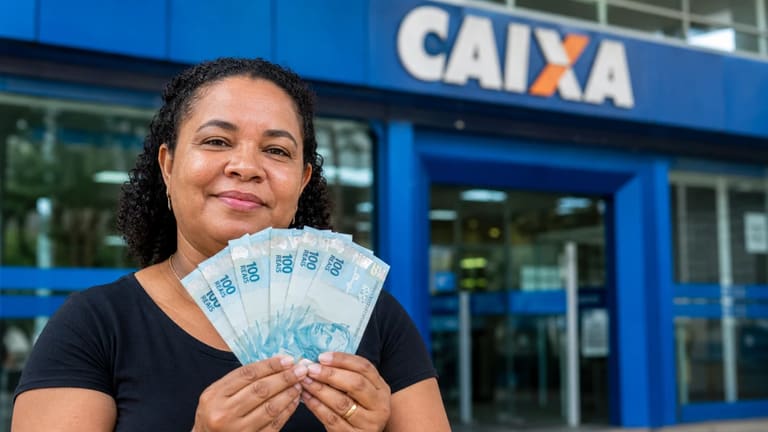 Mulher segura cédulas de R$ 100 em frente a uma agência da Caixa, representando o valor de R$ 6.220 disponível para CPFs de final 0 a 9.