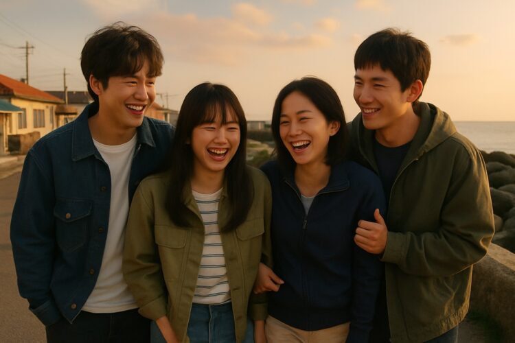 Quatro amigos jovens sorrindo juntos ao ar livre após assistir doramas de verão.