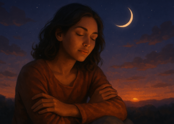Pessoa serena com olhos fechados ao anoitecer, lua crescente brilhando no céu.