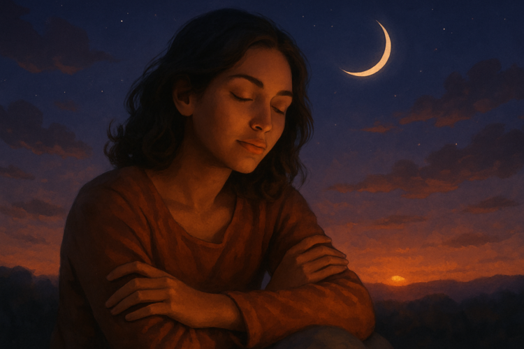 Pessoa serena com olhos fechados ao anoitecer, lua crescente brilhando no céu.