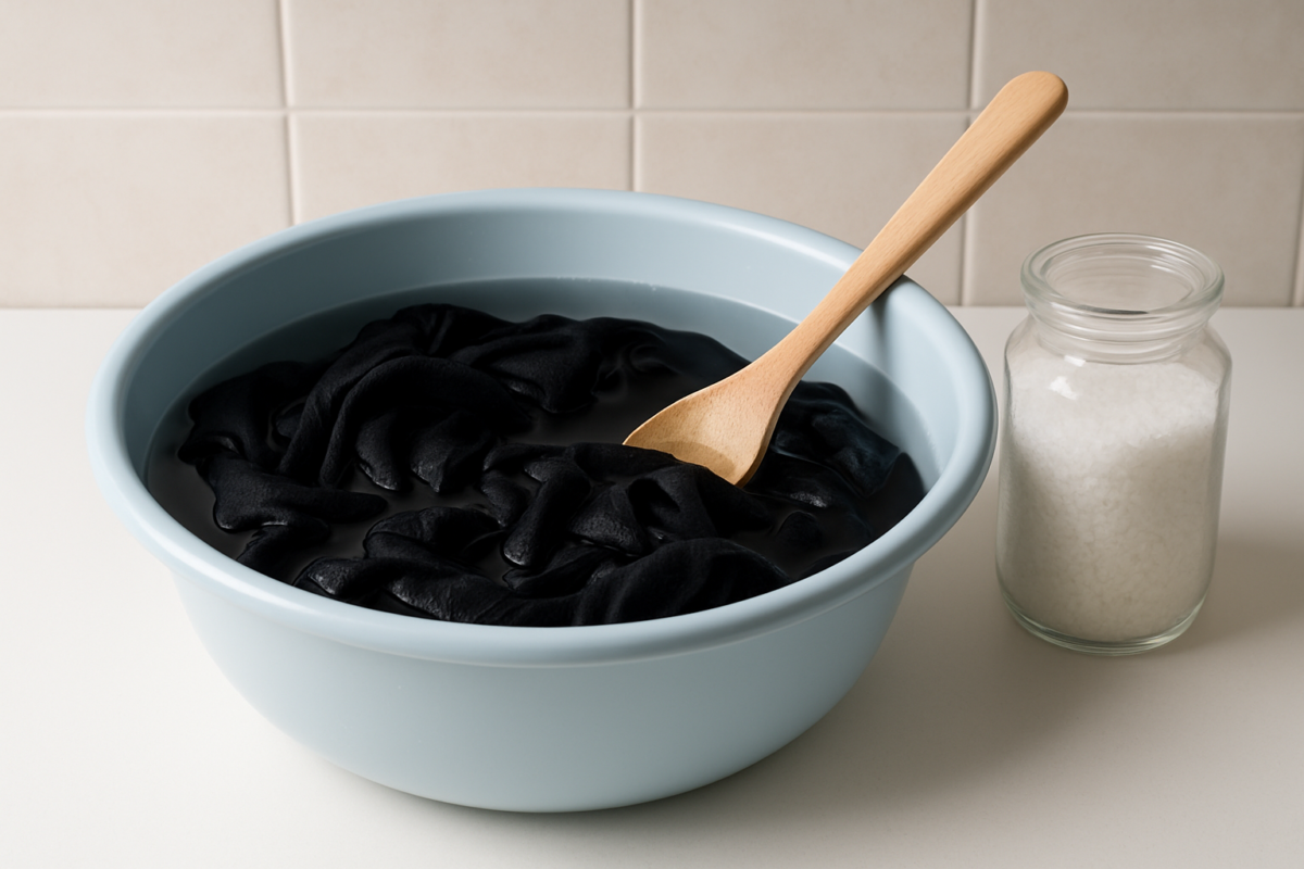 O segredo do sal na máquina de lavar: Por que você deve colocar uma colher antes de lavar roupas escuras 2 Roupas pretas de molho em uma bacia com colher de madeira e pote de sal ao lado