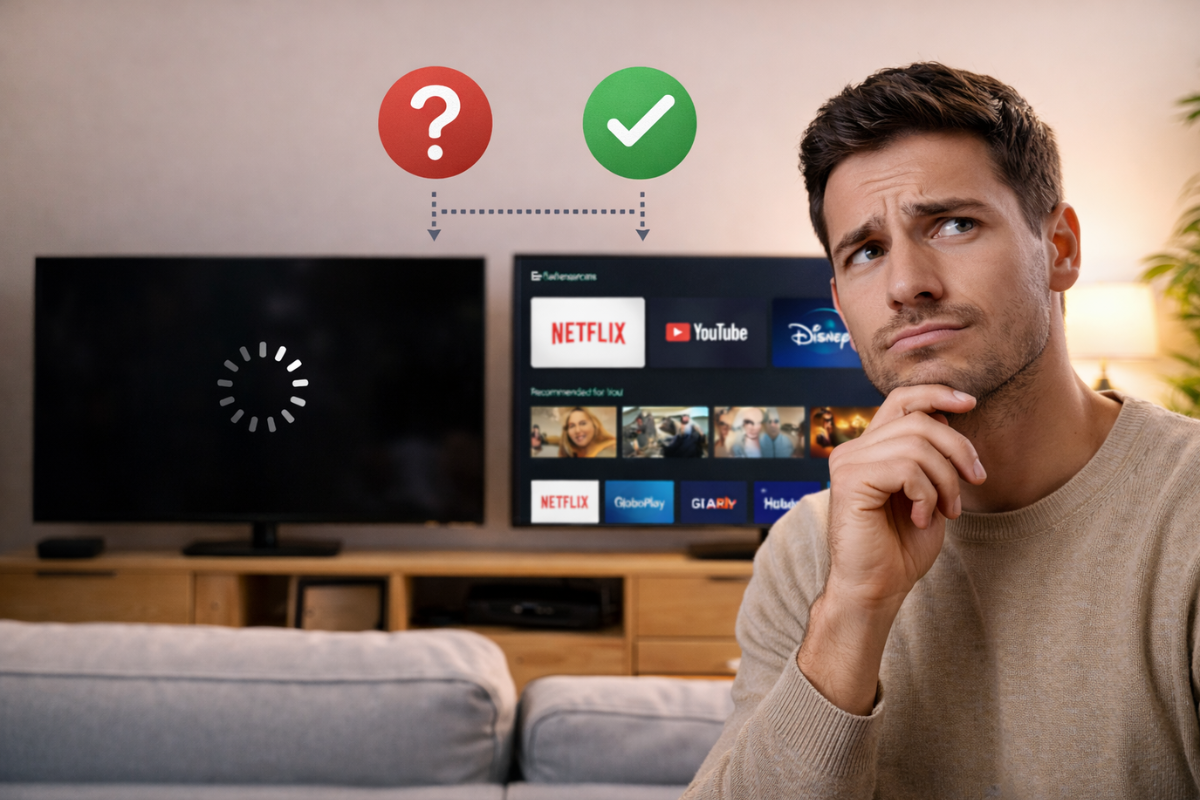Sua TV Smart está lenta? Este ajuste simples nas configurações pode dobrar a velocidade do sistema 3 Homem pensativo em frente a duas TVs, uma com erro de carregamento e outra com plataformas de streaming abertas