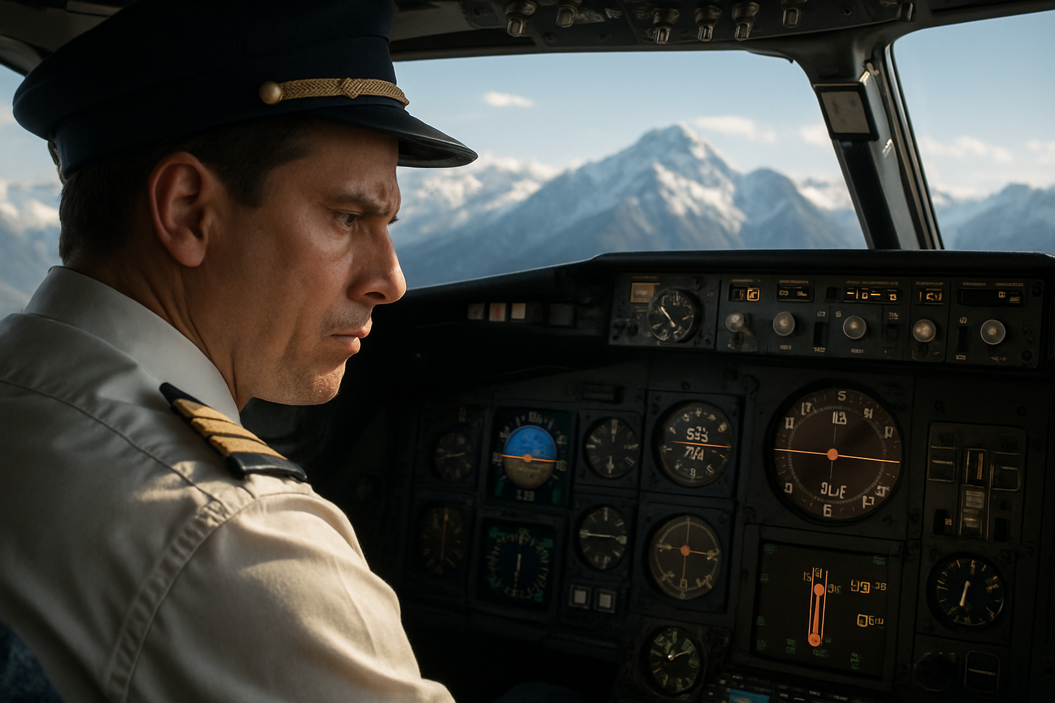 Por que os aviões não voam sobre o Tibete? O motivo técnico que quase ninguém conhece 3 Piloto concentrado no cockpit de um avião com montanhas ao fundo