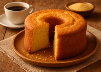 Bolo de fubá em formato de anel com uma fatia faltando em um prato de madeira