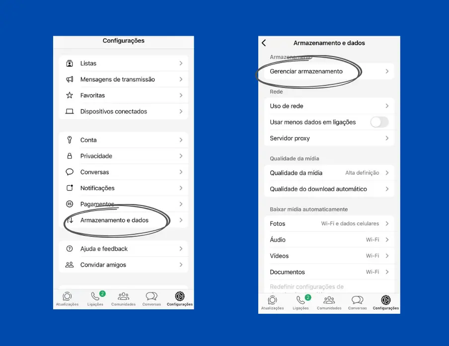 O botão 'escondido' no seu WhatsApp que libera espaço na memória sem apagar suas fotos 2 Configurações de armazenamento do WhatsApp no iPhone, mostrando a opção 'Gerenciar armazenamento'.
