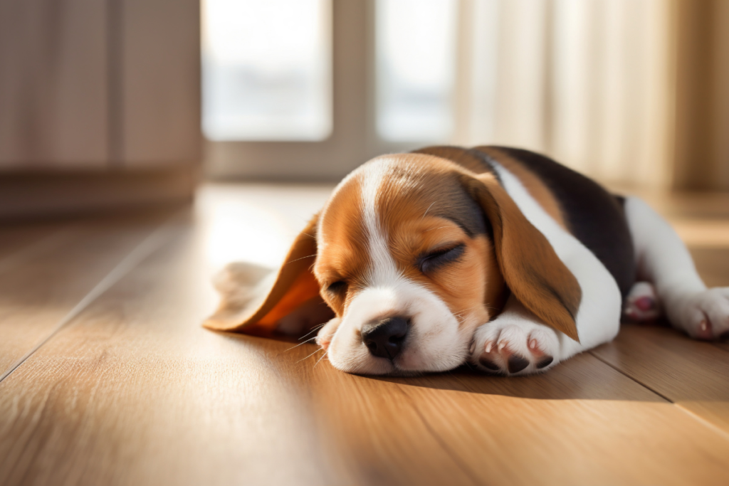O que significa quando o cachorro deita de barriga para cima 3 Filhote de cachorro beagle dormindo no chão de madeira sob luz suave
