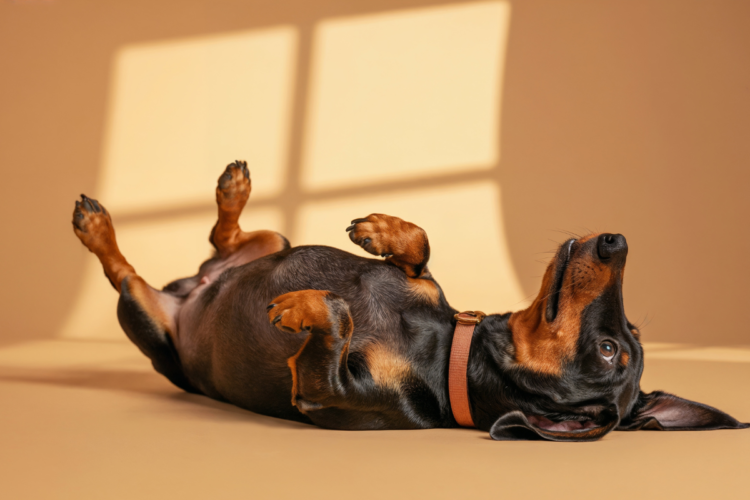 Dachshund deitado de barriga para cima, relaxando sob luz solar