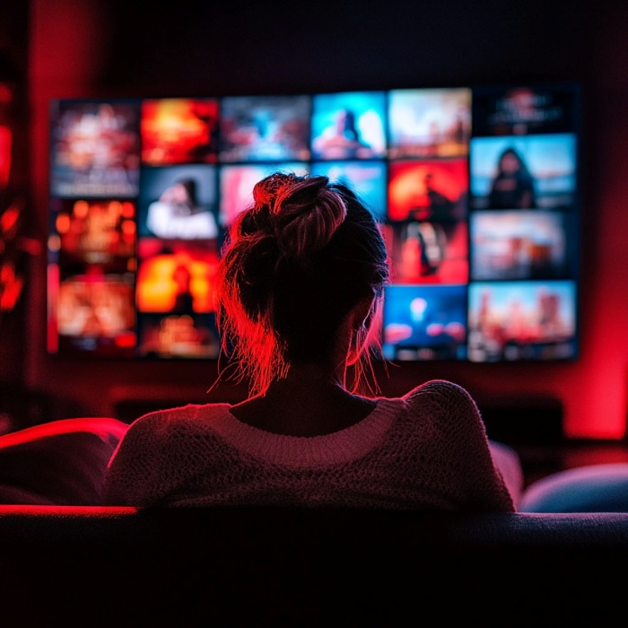 Netflix, Max ou Prime? Saiba qual streaming realmente vale o seu dinheiro hoje 2 Pessoa assistindo à TV com a tela exibindo vários títulos de filmes e séries, em um ambiente iluminado por luzes vermelhas.