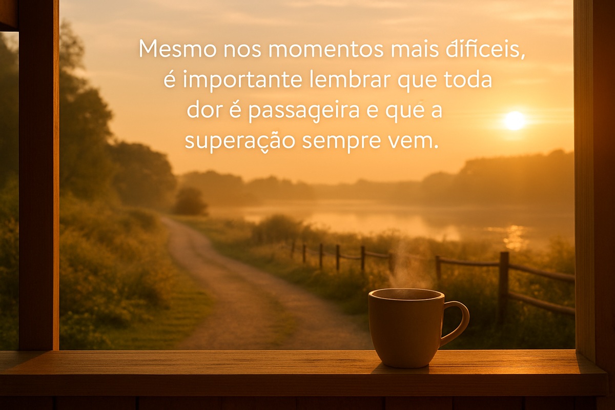 Bom dia com alegria: 25 mensagens para você enviar aos amigos 7 Amanhecer visto de varanda com frase motivacional sobre vencer o dia