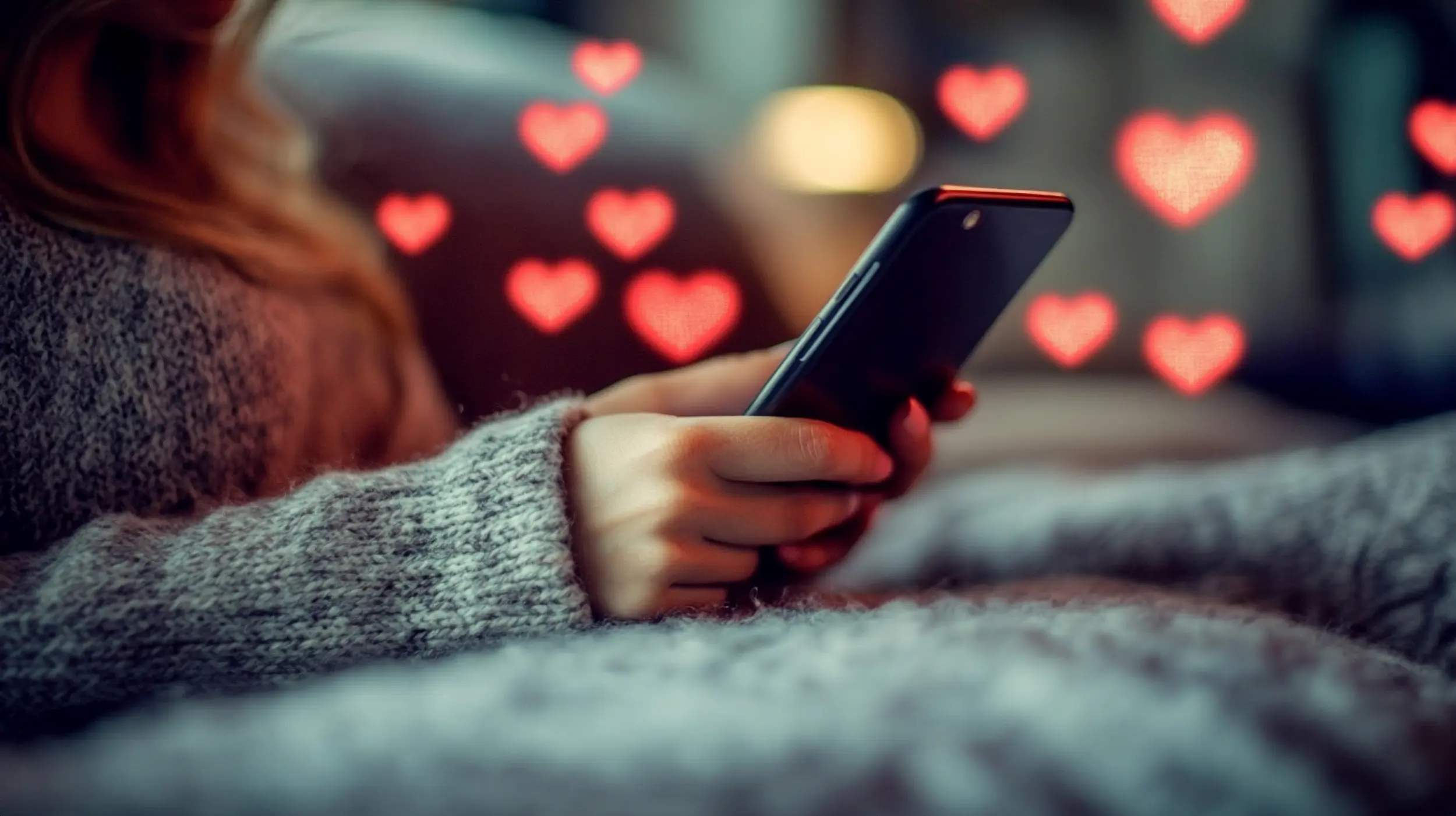 Envie agora: Mensagens de 'Boa Noite, meu amor' para fechar o dia com um sorriso 2 Mão segurando um celular com corações ao fundo, representando a ideia de enviar mensagens de boa noite com carinho.