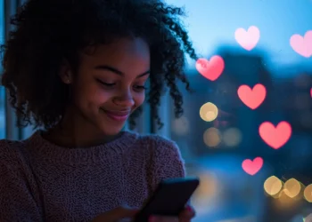 Mulher sorrindo enquanto usa o celular com corações no fundo representando mensagens de boa noite.