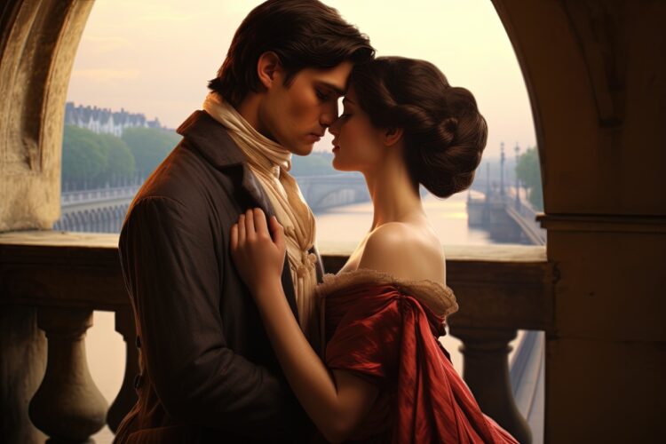 Casal em cena romântica abraçado em varanda com paisagem ao fundo em estilo de novela de época.