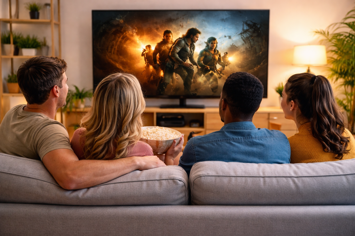 Sua TV Smart está lenta? Este ajuste simples nas configurações pode dobrar a velocidade do sistema 2 Quatro pessoas no sofá assistem a um filme de ação na TV, compartilhando pipoca