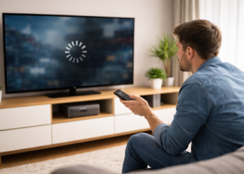 Homem sentado no sofá enfrentando buffering ao assistir streaming em smart TV