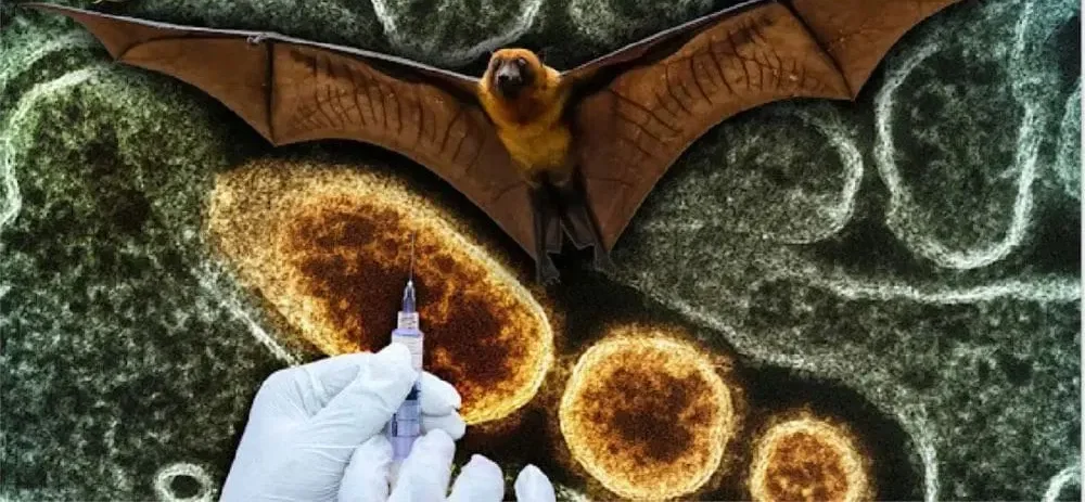 Vírus Nipah pode chegar ao Brasil? Ministério da Saúde explica 2 Morcego do vírus Nipah, com imagem microscópica do vírus em fundo, simbolizando a transmissão.