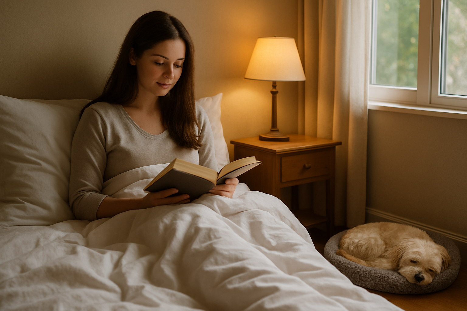 O que acontece se você deixar seu cachorro dormir na sua cama? O resultado de um estudo sobre a qualidade do sono humano 2 Mulher lendo um livro na cama com um cachorro dormindo ao lado.