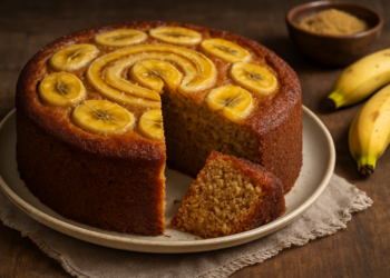 Bolo de banana com uma fatia servida em prato.