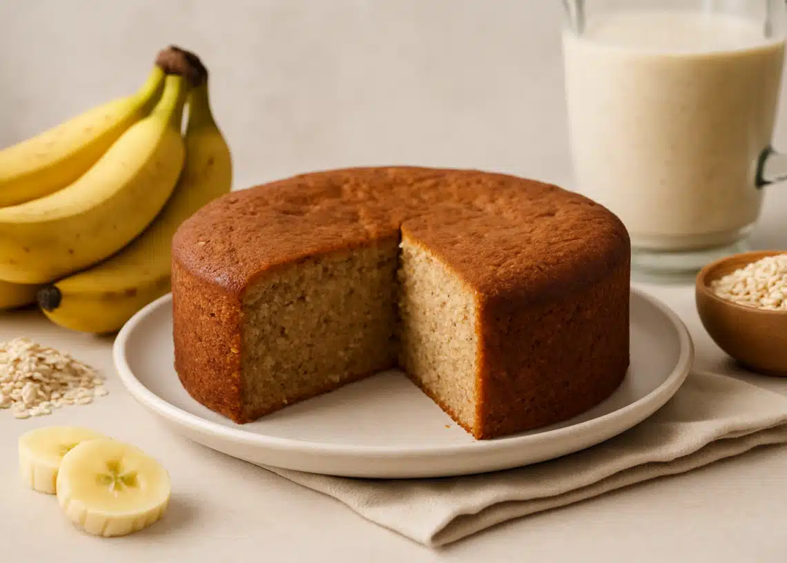 Bolo de banana rápido e fácil: a melhor forma de aproveitar bananas maduras 3 Bolo de banana com uma fatia retirada, bananas e ingredientes ao redor em mesa clara.