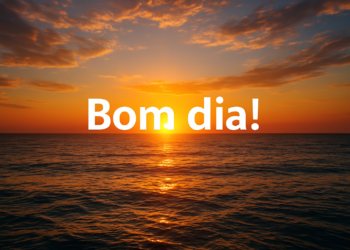 Nascer do sol sobre o mar com a frase 'Bom dia!' em destaque