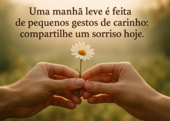 Mãos segurando uma margarida ao amanhecer com mensagem inspiradora ao fundo