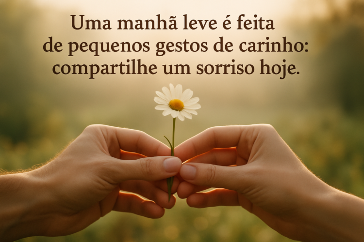 Mãos segurando uma margarida ao amanhecer com mensagem inspiradora ao fundo