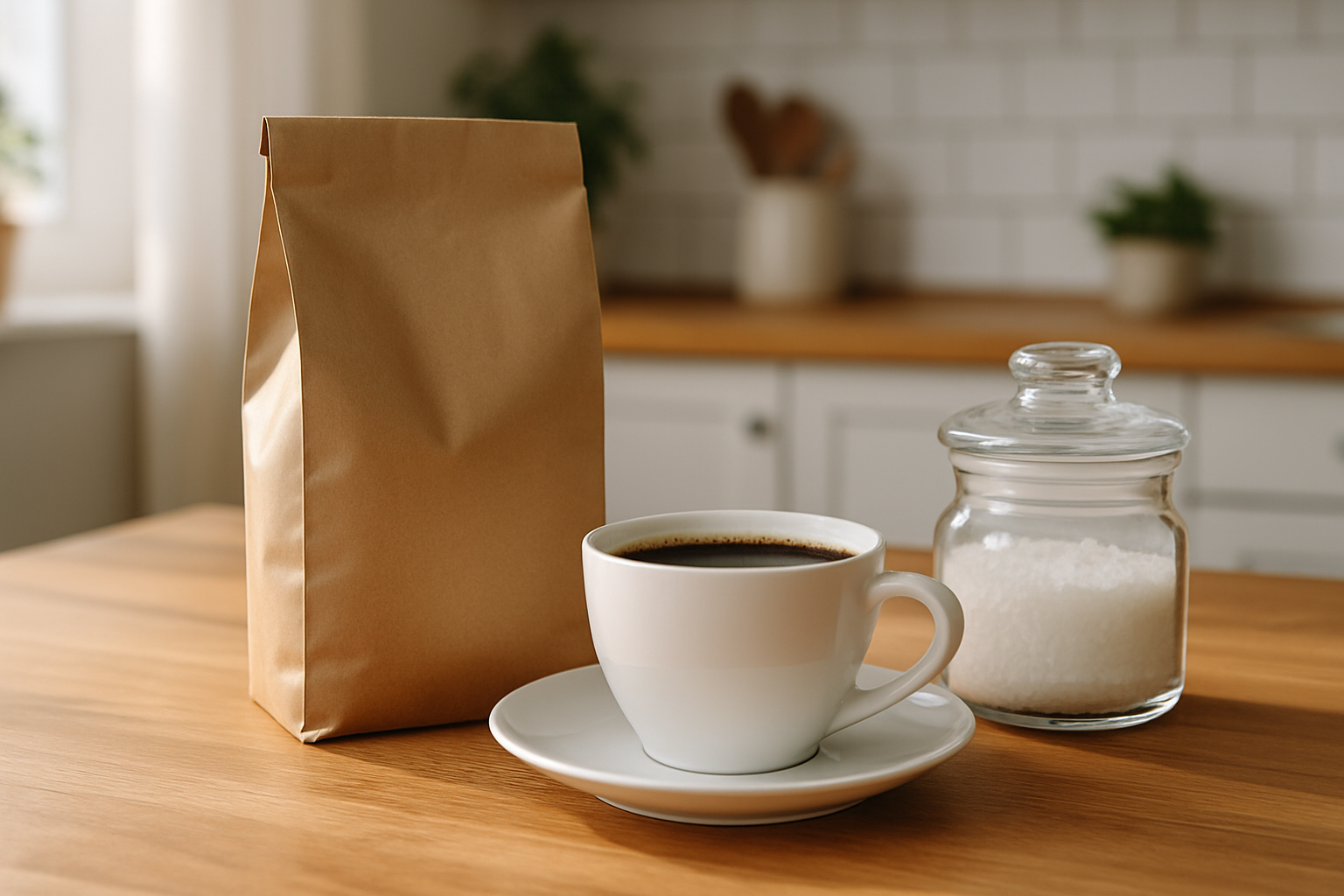 Técnica tradicional em outros países ganha espaço nas receitas brasileiras e realça o sabor do café 2 Xícara de café com pacote de papel e pote de açúcar em uma cozinha.