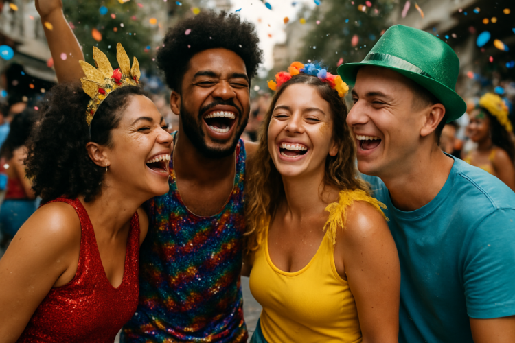 Esses truques simples ajudam você a proteger o celular no Carnaval — e curtir sem dor de cabeça 1 Grupo de quatro amigos sorrindo juntos em uma festa de carnaval ao ar livre