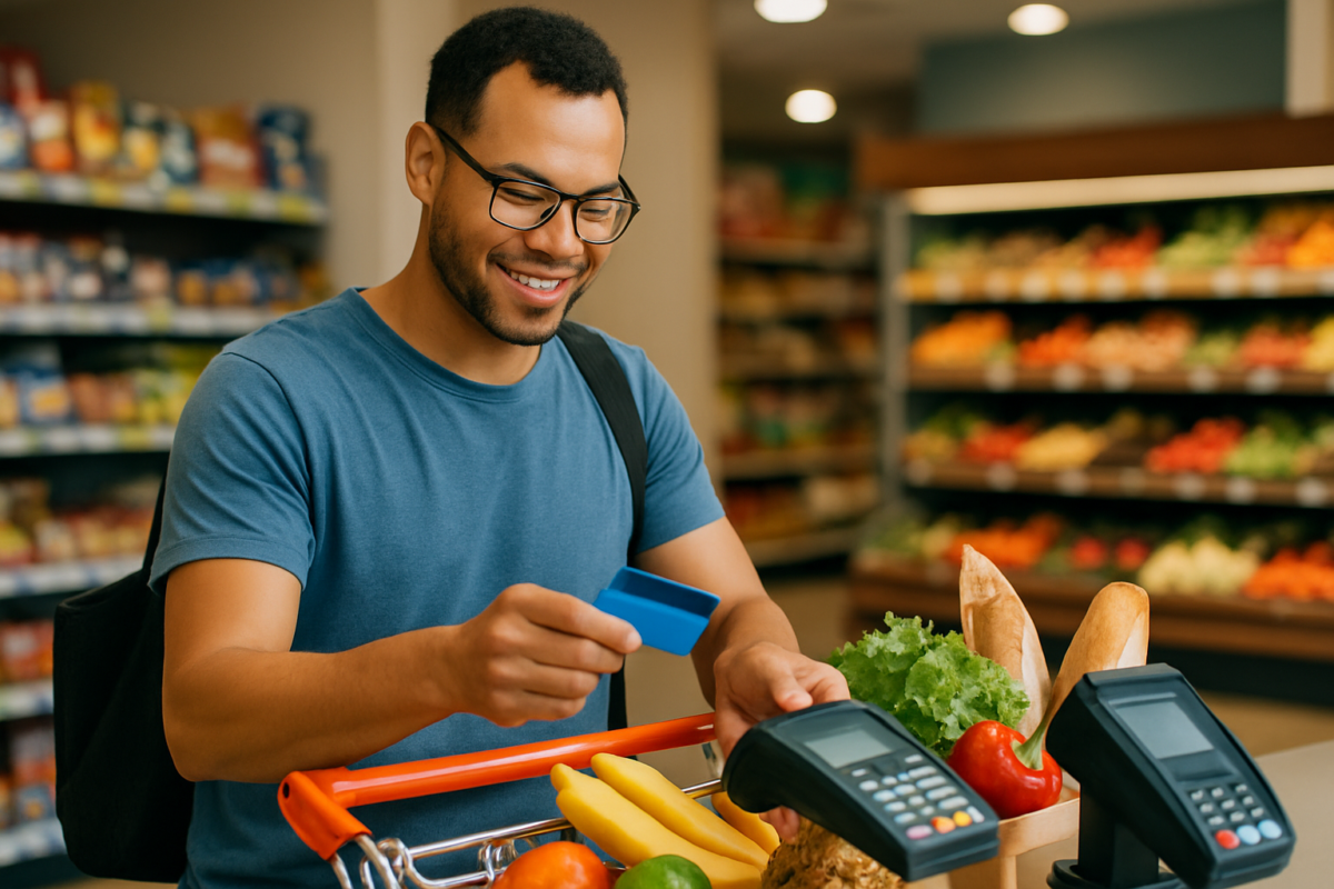 Novas regras do vale-alimentação e vale-refeição já começaram a valer 2 Homem usando cartão no caixa de supermercado
